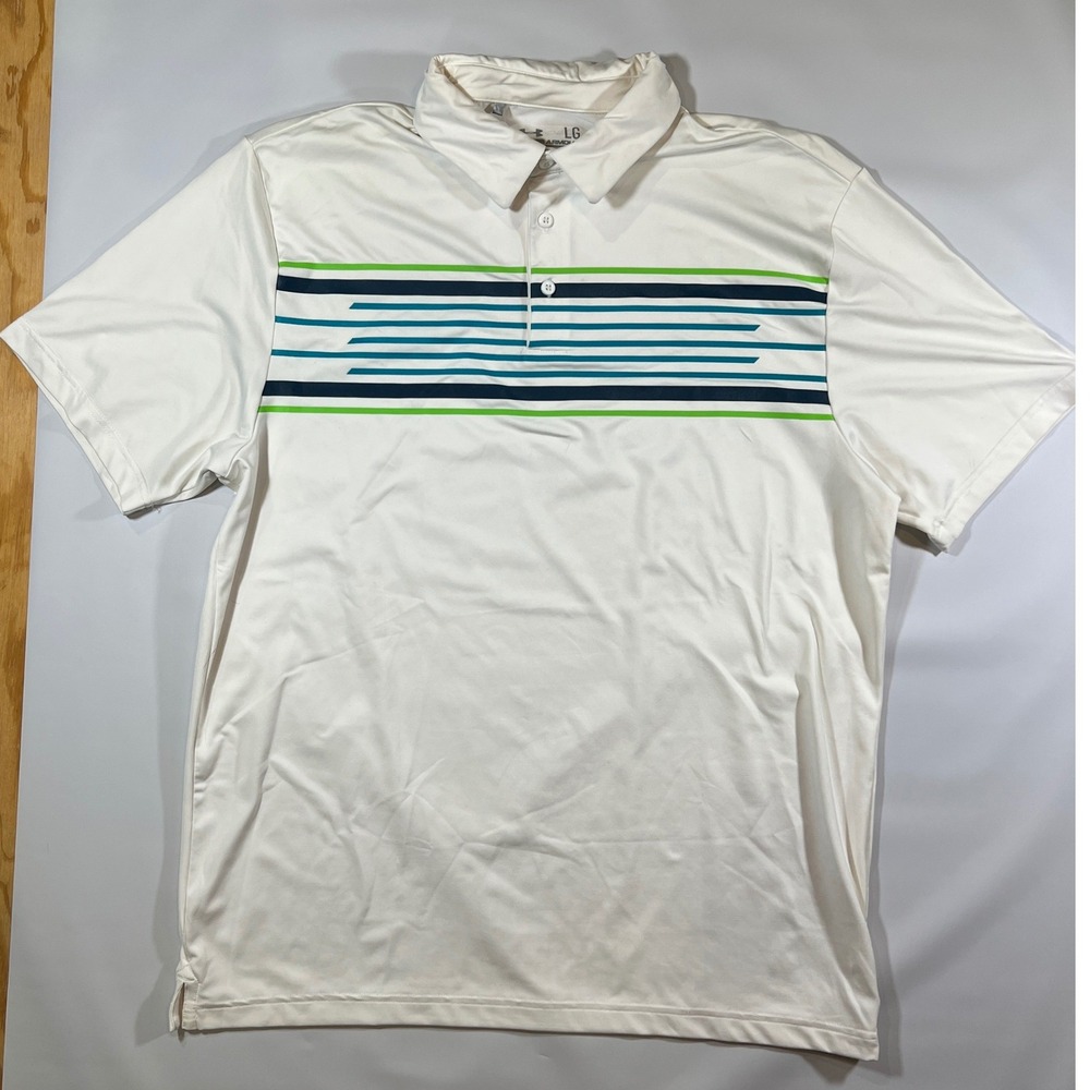 Under Armour Polo Shirt Mens L‎ White Striped Coldblack HeatGear Golf Athletic